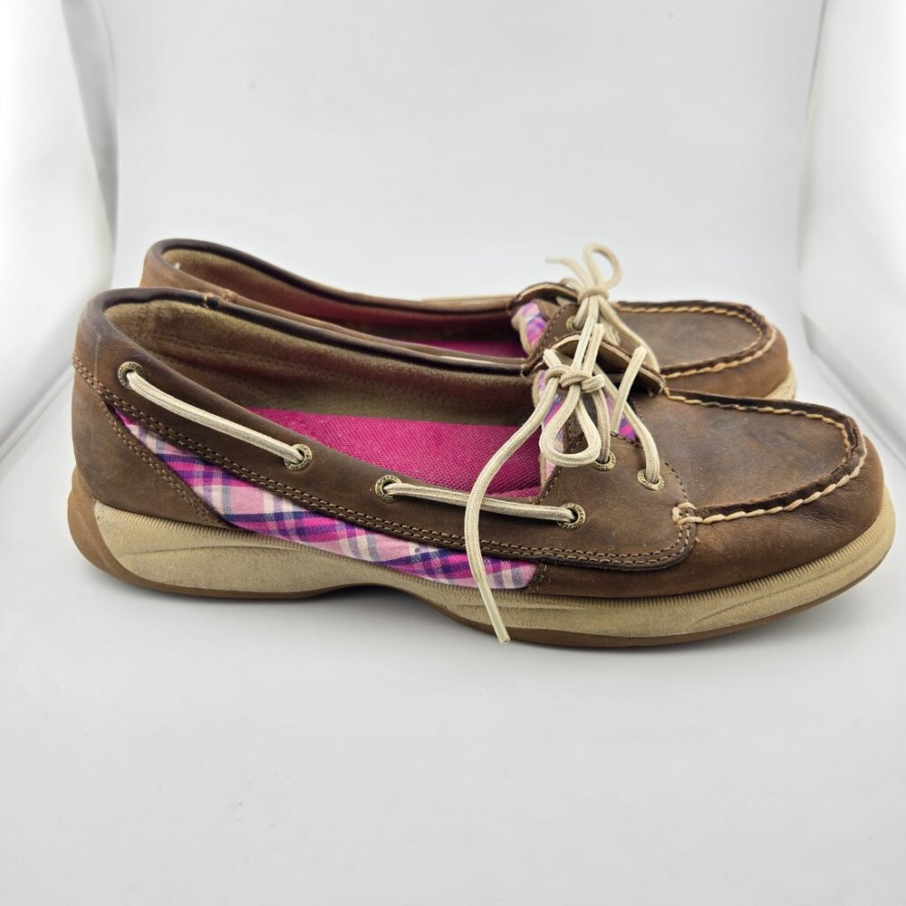 Sperry Top-Sider Angelfish Leather Boat Shoes Brown Pink Plaid Womens 10M